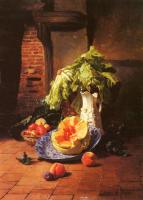 David Emile Joseph de Noter - A Still Life With A White Porcelain Pitcher Fruit And Vegetables